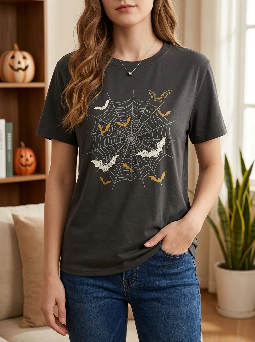 Women's Halloween Spider Web and Bats Printed T-shirt