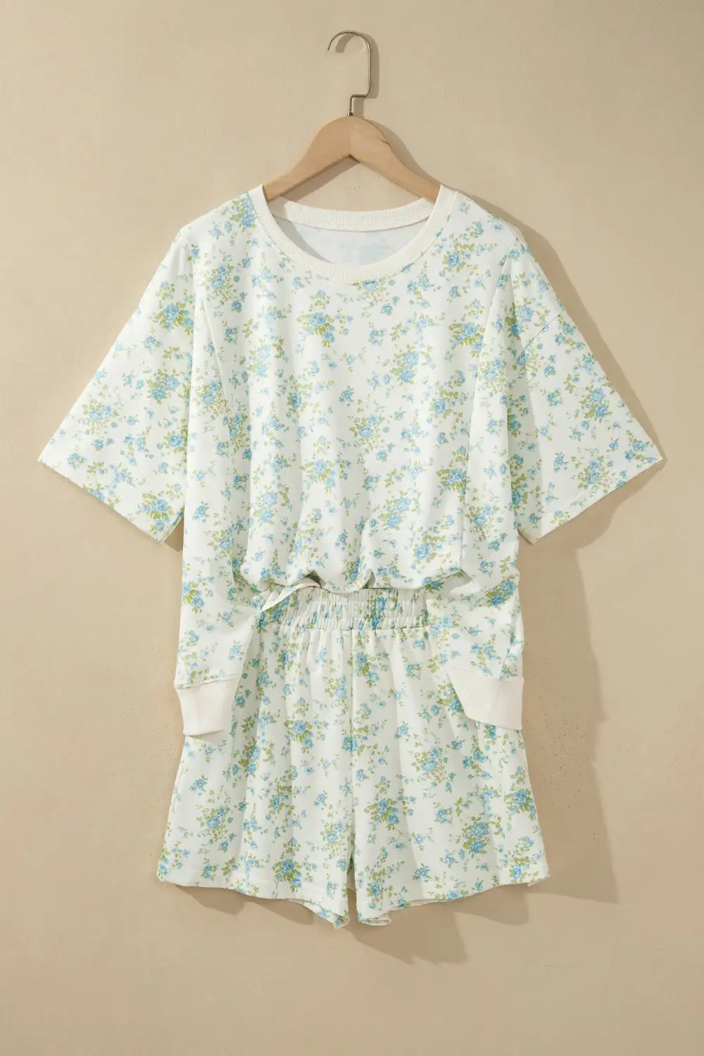 Women's Floral Print Short Sleeve Elastic Waist Pocket Two Piece Set