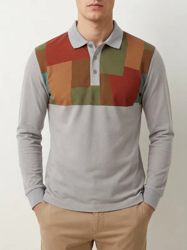 Men's Casual Fashion Colorblock Patchwork Printed Long Sleeve Polo Shirt