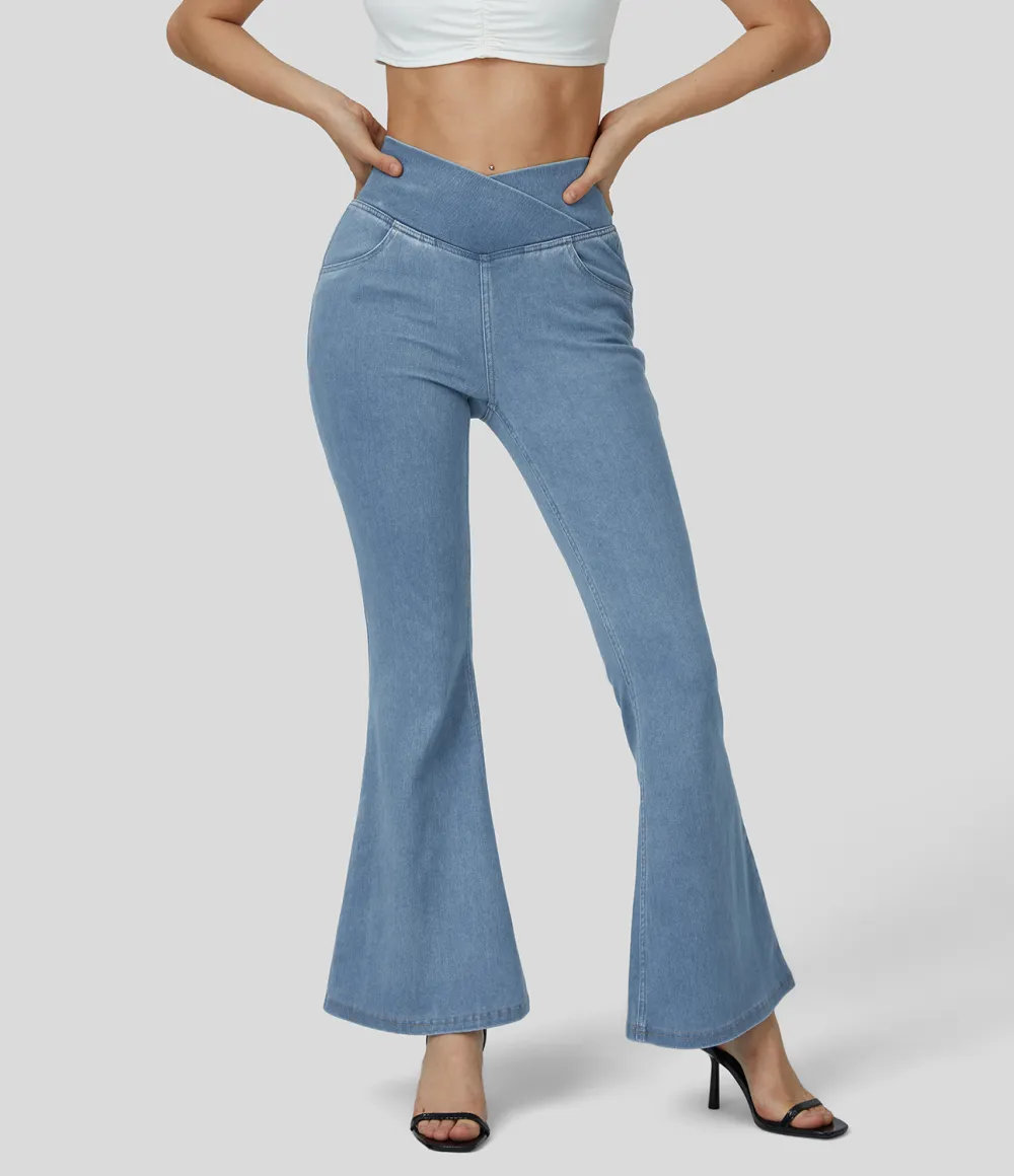 Magic High Waisted Crossover Pocket Washed Stretchy Knit Casual Super Flare Jeans