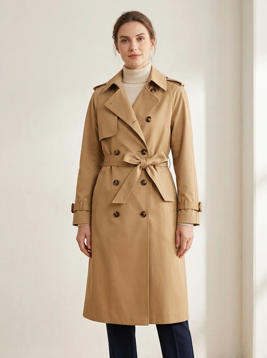 Women's Classic Double-Breasted Belted Classic Long Trench Coat