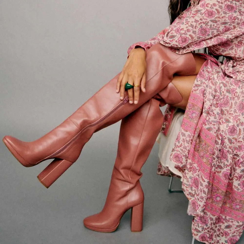 Faux-Leather Snip-Toe Round-Toe Chunky-Heel Over-the-Knee Boots