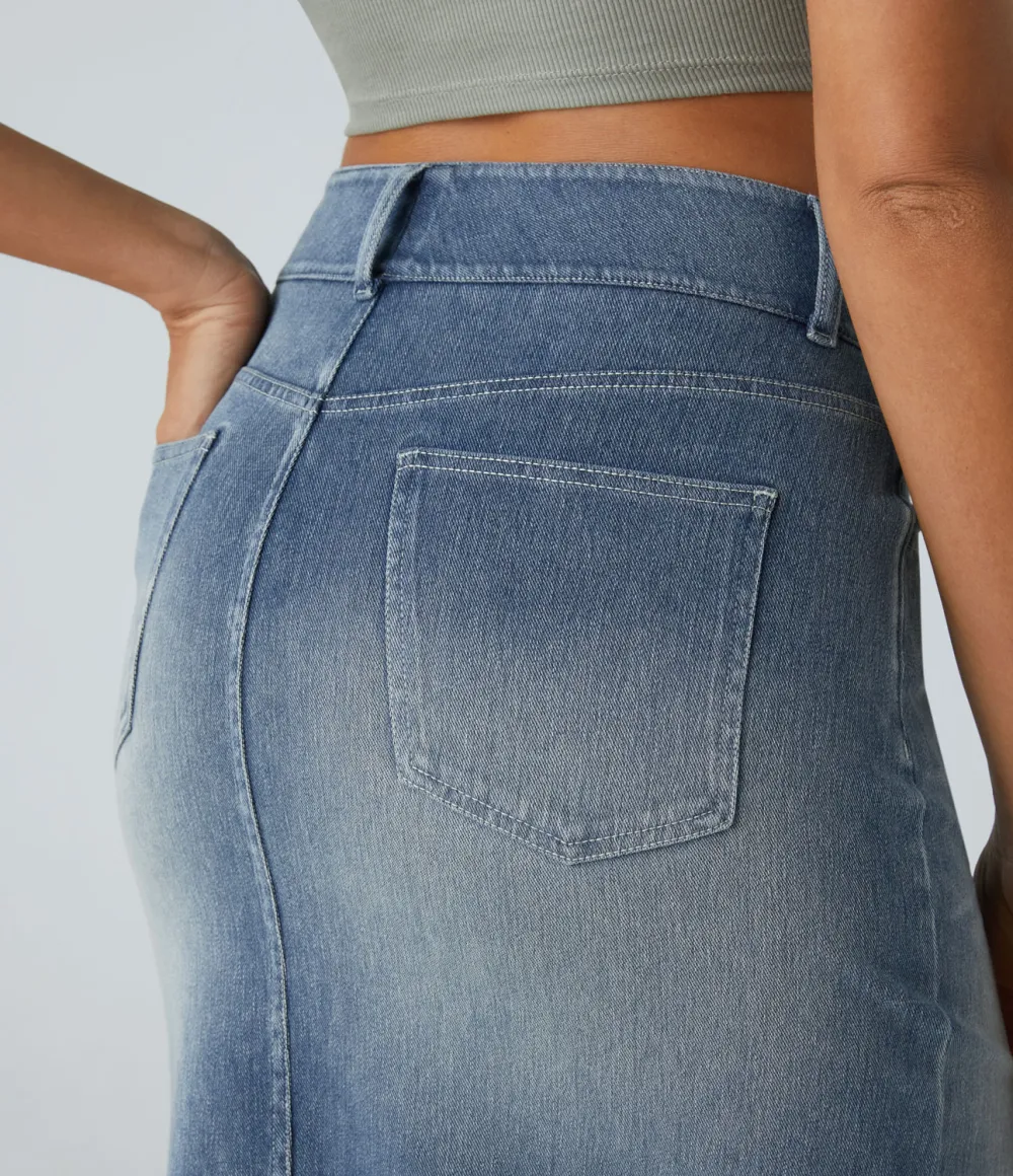 Magic High Waisted Multiple Pockets Bodycon Split Washed Stretchy Knit Denim Casual Midi Skirt