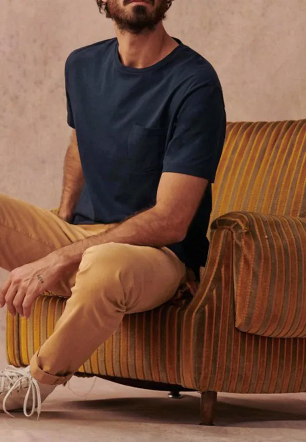 Navy Blue Pocket Crew Neck Cotton T-Shirt