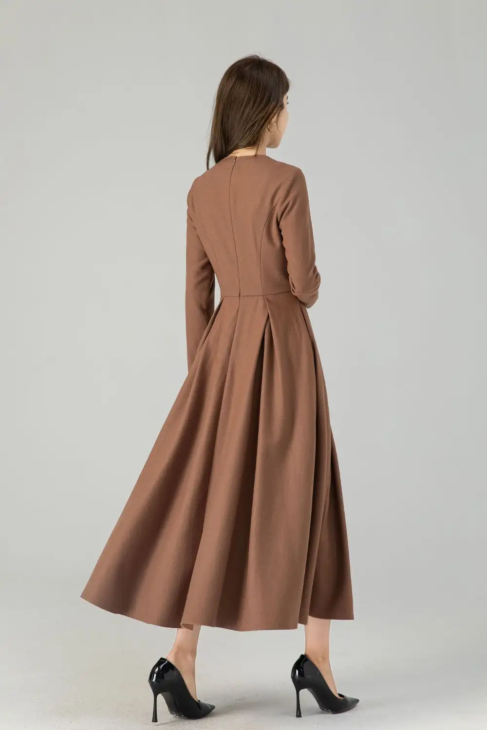 Wool Blend Swing Long Sleeve Midi Dress