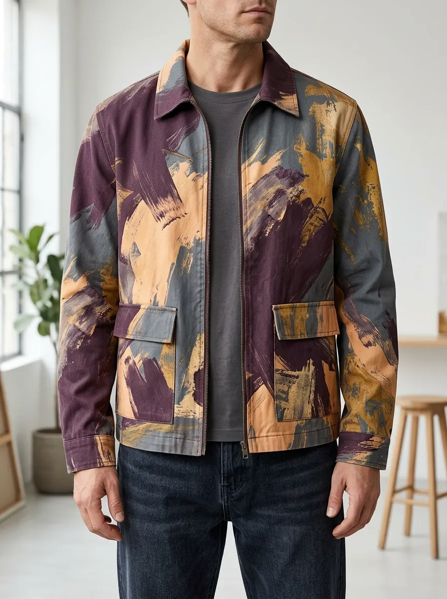 Men's Abstract Brushstroke Print Zip-up Jacket