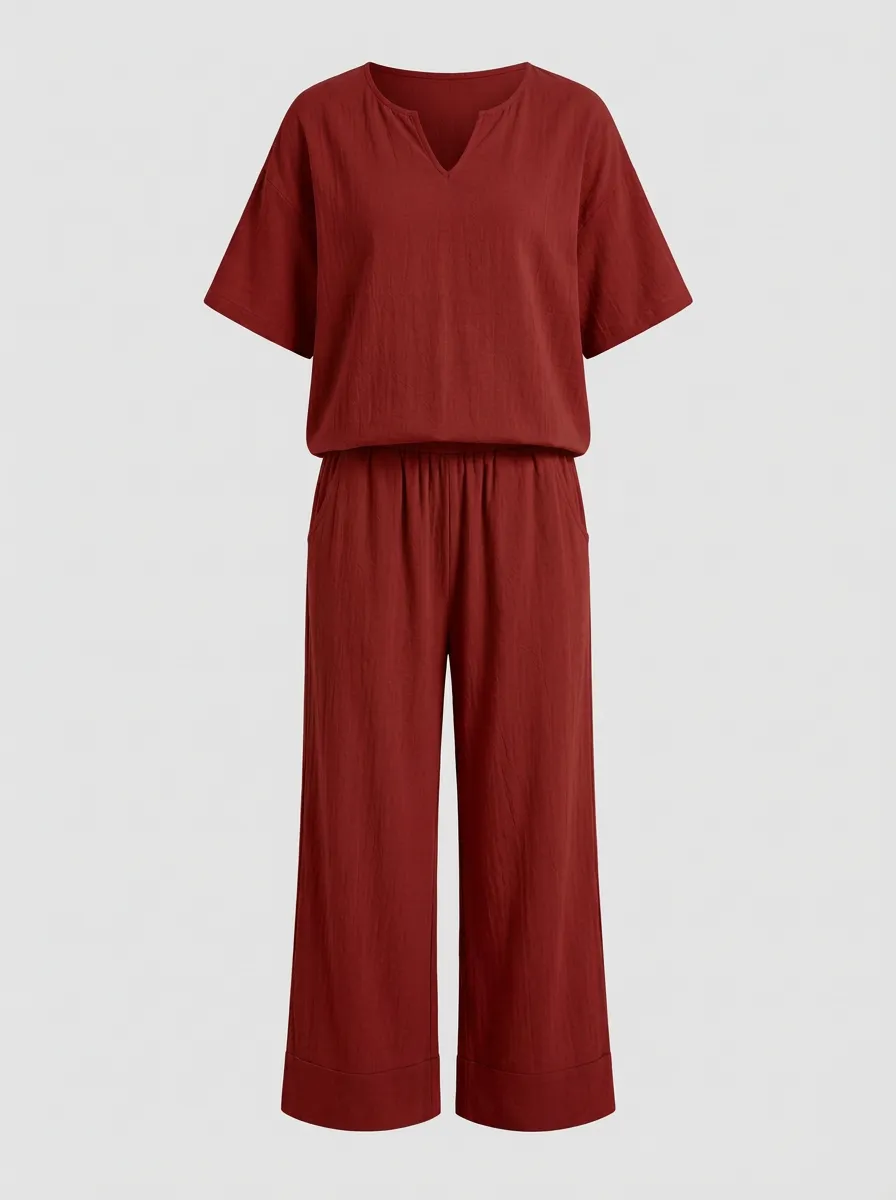 Women's Notched V-Neck Top And Drawstring Wide-Leg Trouser Lounge Set