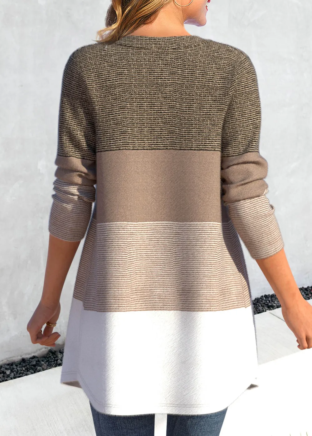 Light Camel Button Striped Long Sleeve Coat