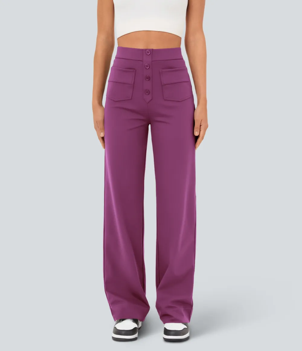 High Waisted Button Multiple Pockets Straight Leg Casual Pants