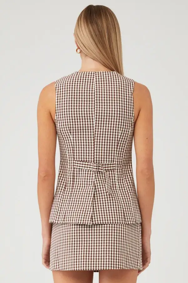Brown Gingham Button-Front Vest Set