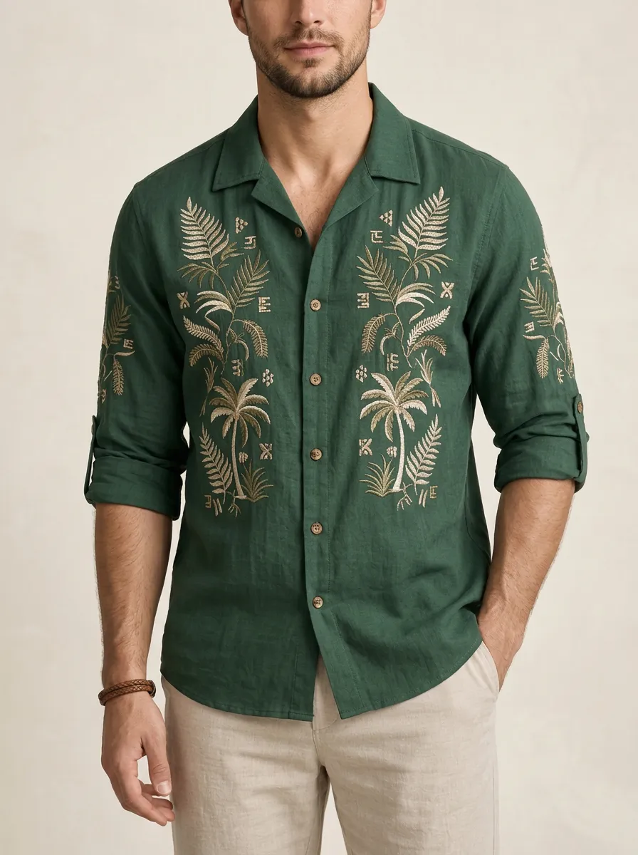 Men's Linen Palm Leaf Embroidered Shirt