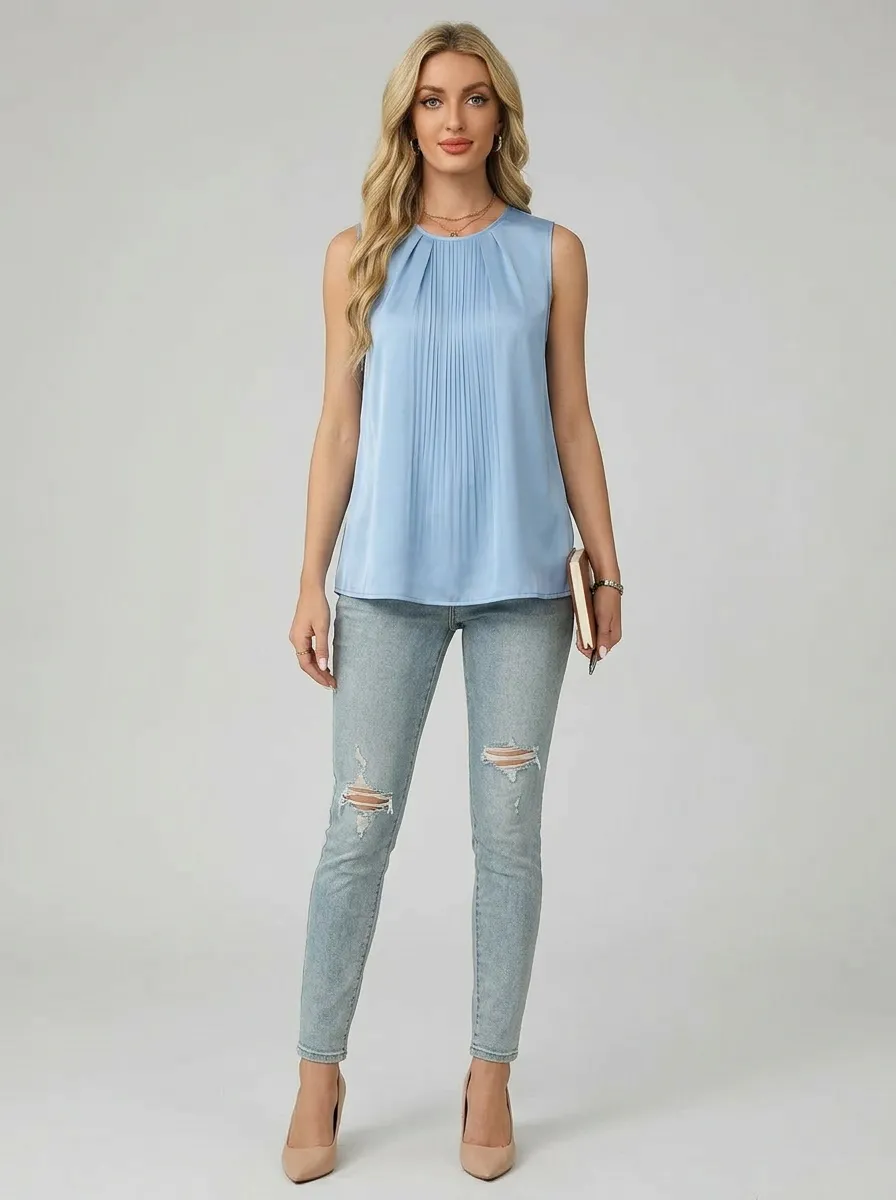 Office Pleated Sleeveless Blouse