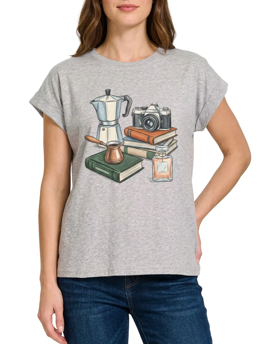 Women's Coffee Camera Book Graphic T-Shirt