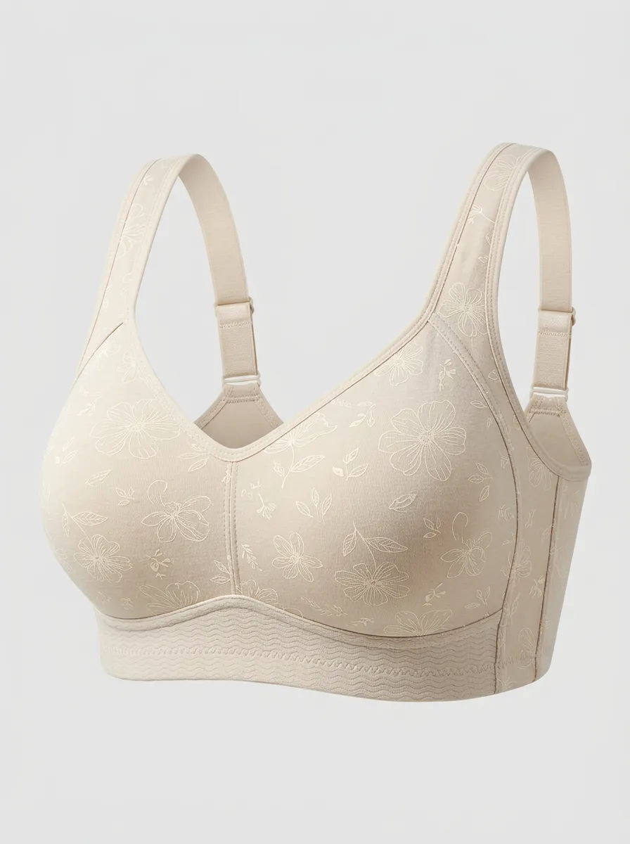 Women's Plus Size Beige Floral Outline Full-Coverage Wireless Bra