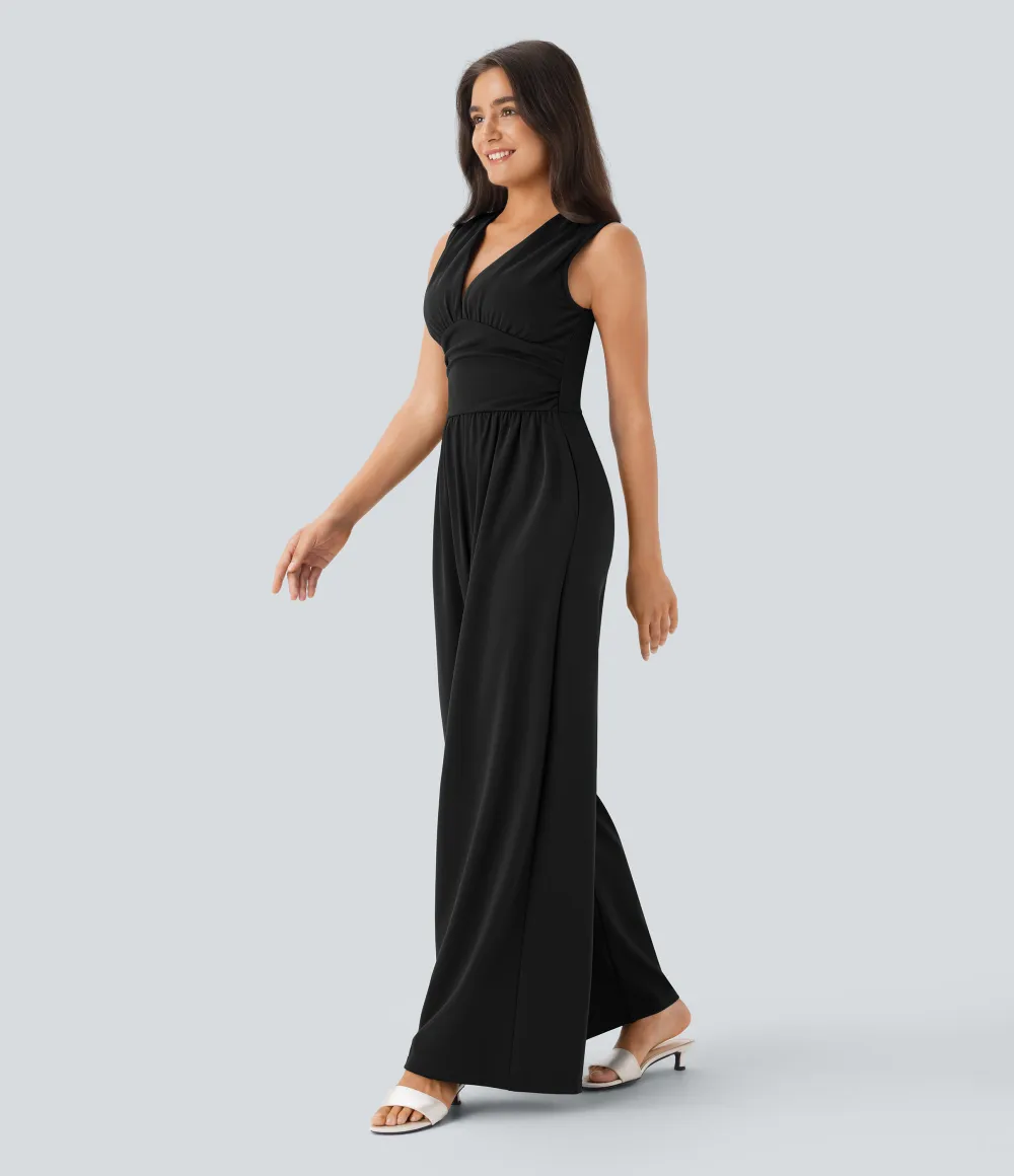 SculptKnit V Neck Sleeveless Ruched Pocket Jumpsuit-Easy Peezy