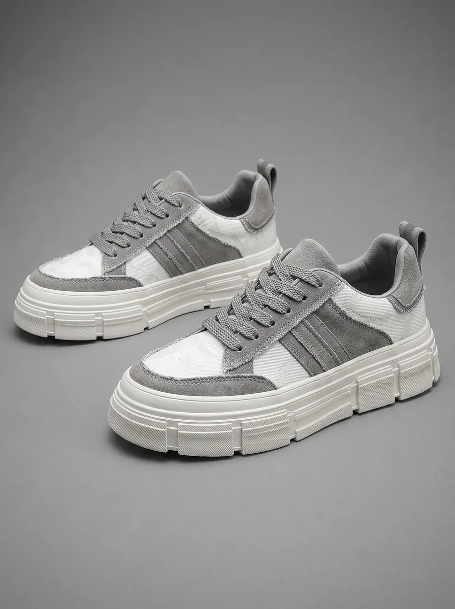 Men's Casual Grey Suede Patchwork Chunky Sole Printed Sneakers