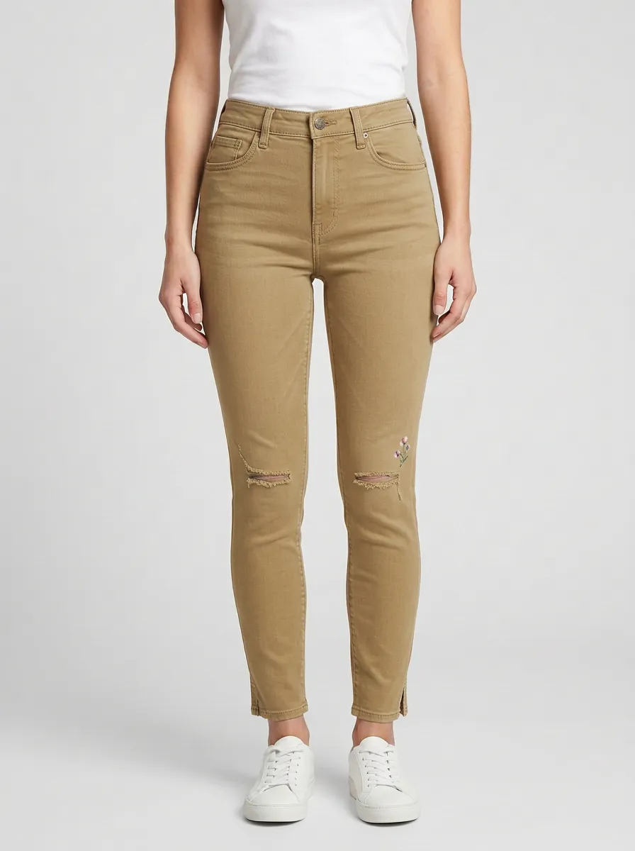 Women's Timber Floral Embroidery Distressed Printed Slim Jeans