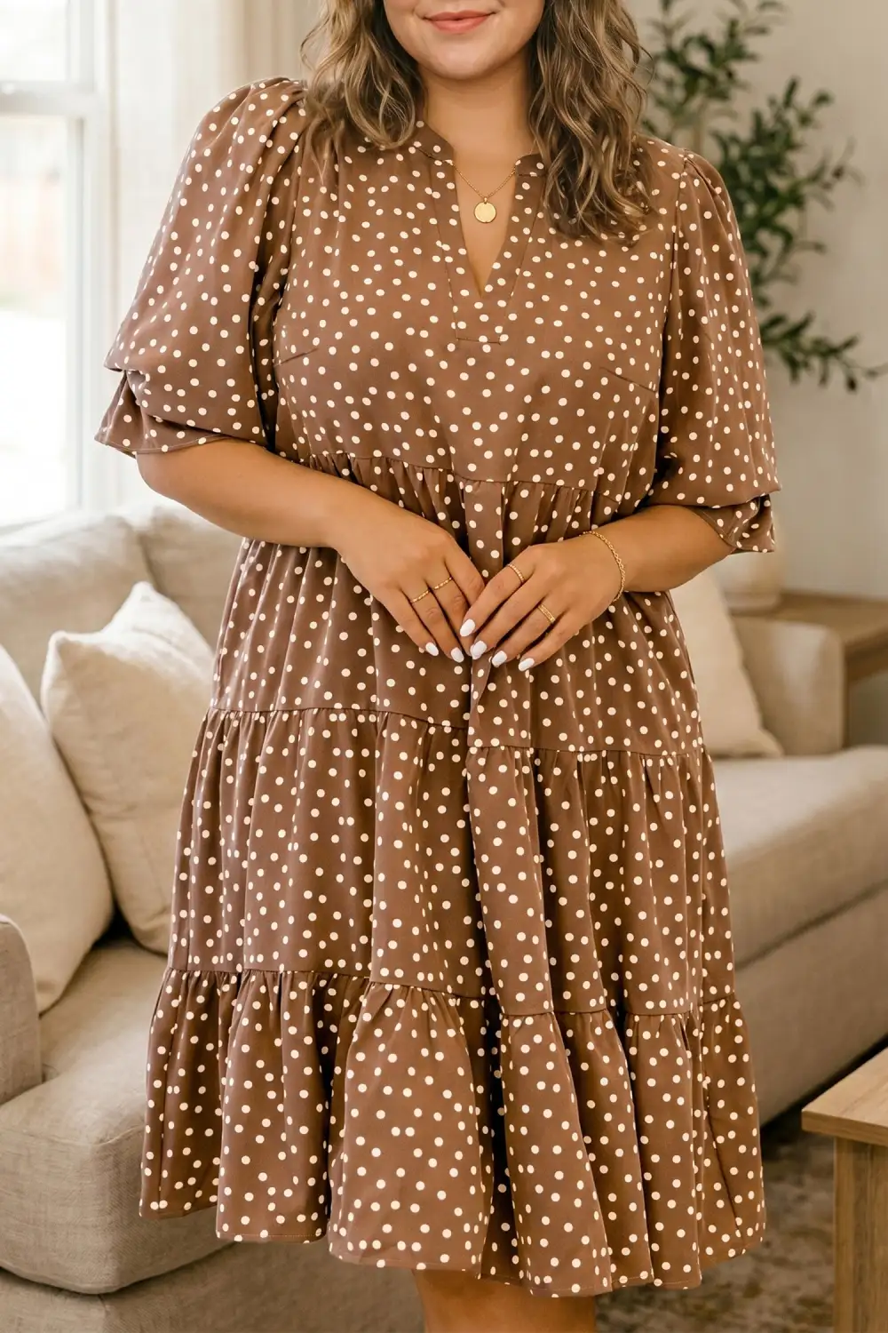Women's Polka Dot V Neck Long Sleeve Mini Dress