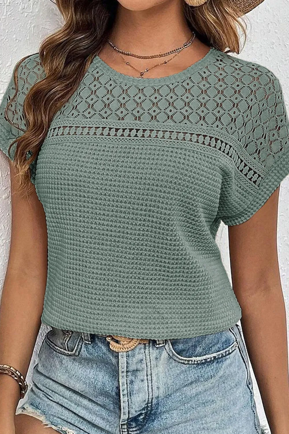 Mist Green Lace Patchwork Waffle Top