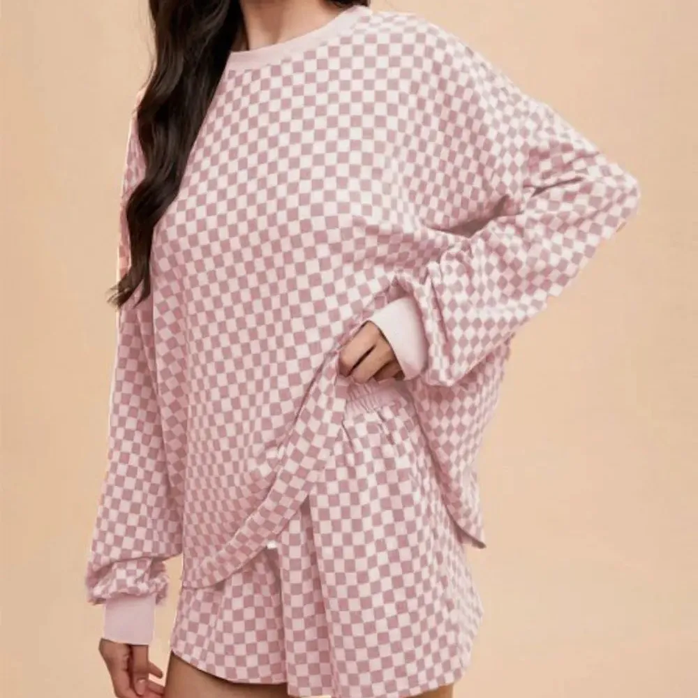Checkered Round Neck Top and Drawstring Shorts Set