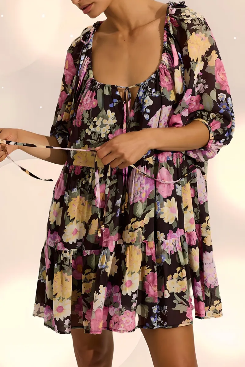 Black Retro Daily Botanical Print Sexy Dress