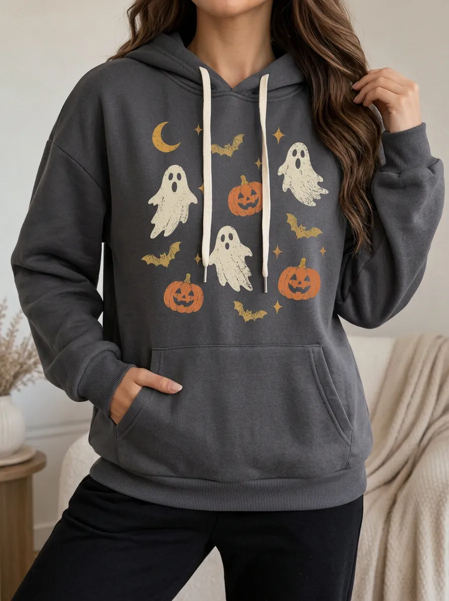 Women's Halloween Pumpkin Ghost Bat Print Hoodie