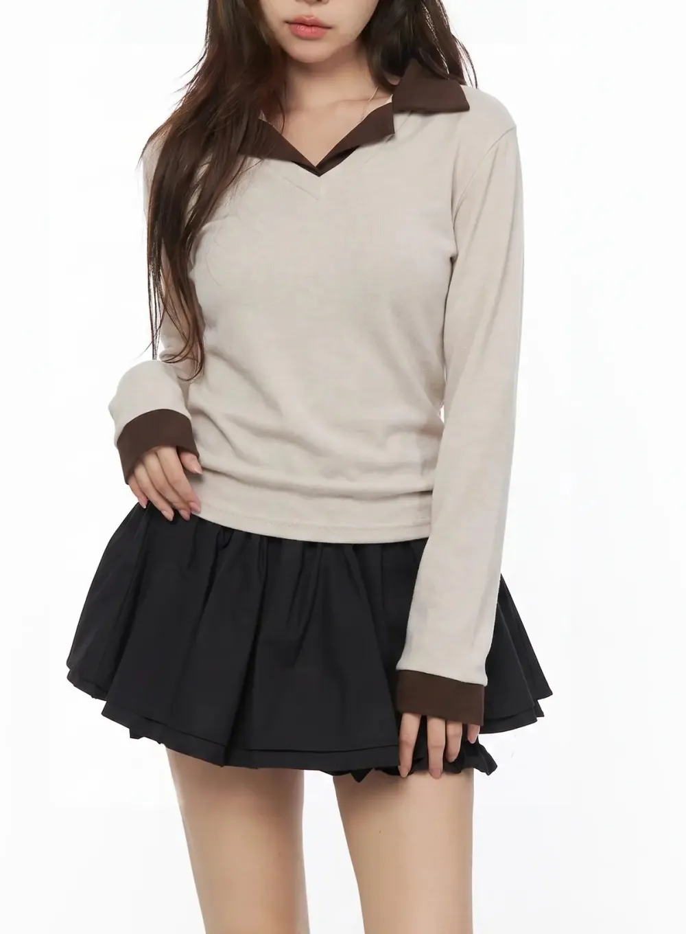 V-Neck Collar Layered Long Sleeve Top
