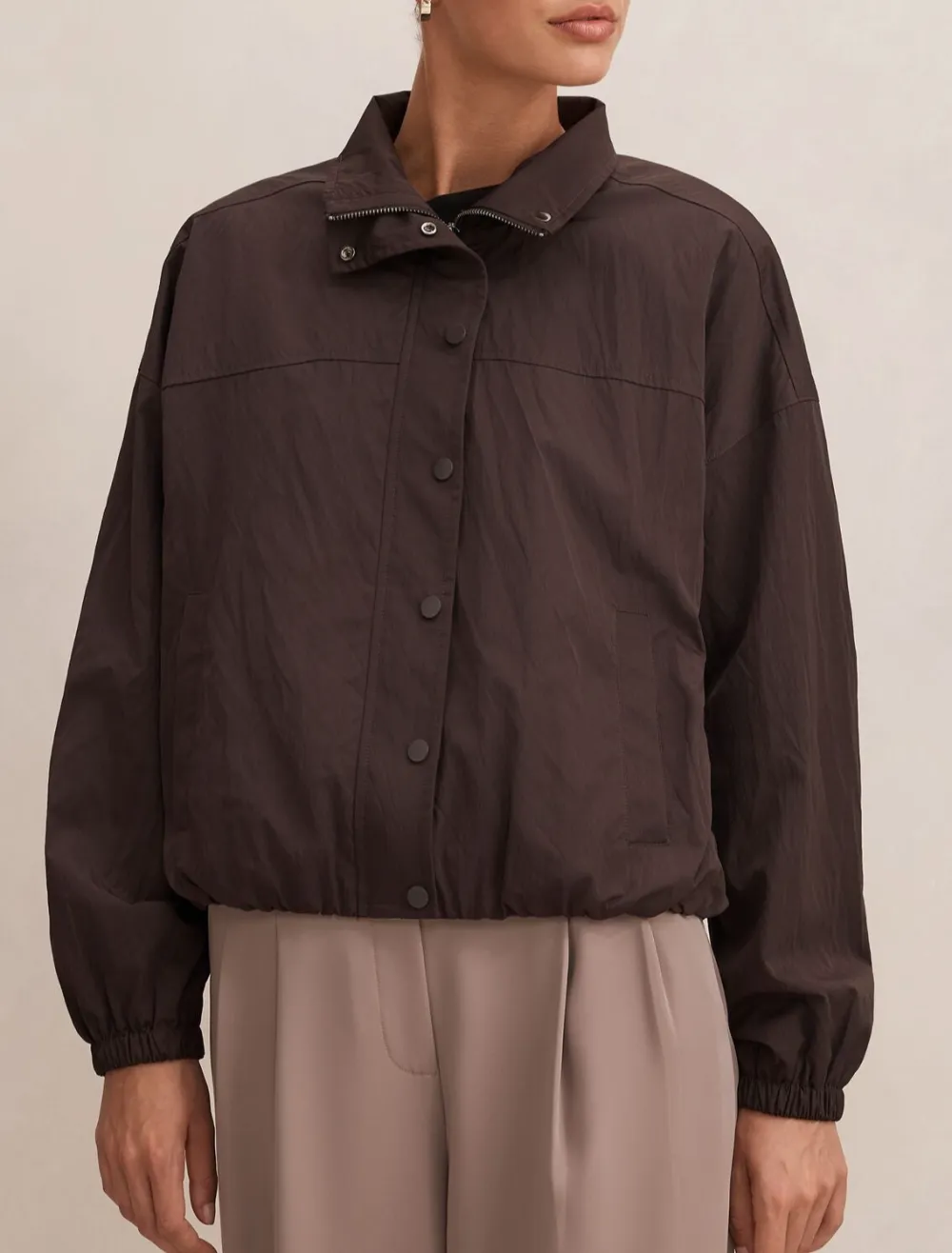 Dark Brown Button-Front Drawstring Hem Windbreaker