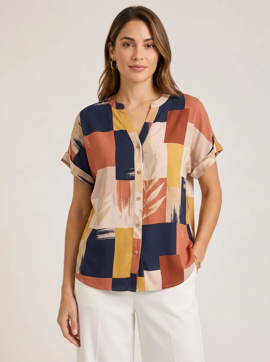 Women's Geometric Leaf Pattern Printed V-Neck Button-Up Shirt