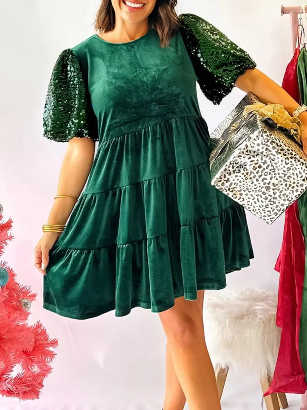 Velvet Sequin Tiered Mini Dress