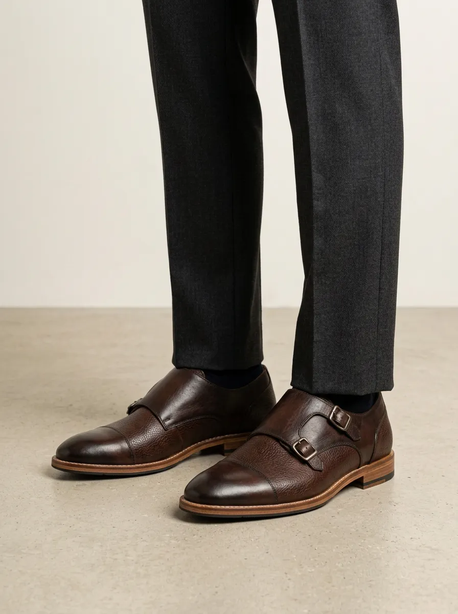 Men's Business Formal Textured Leather Double Monk Strap Shoes