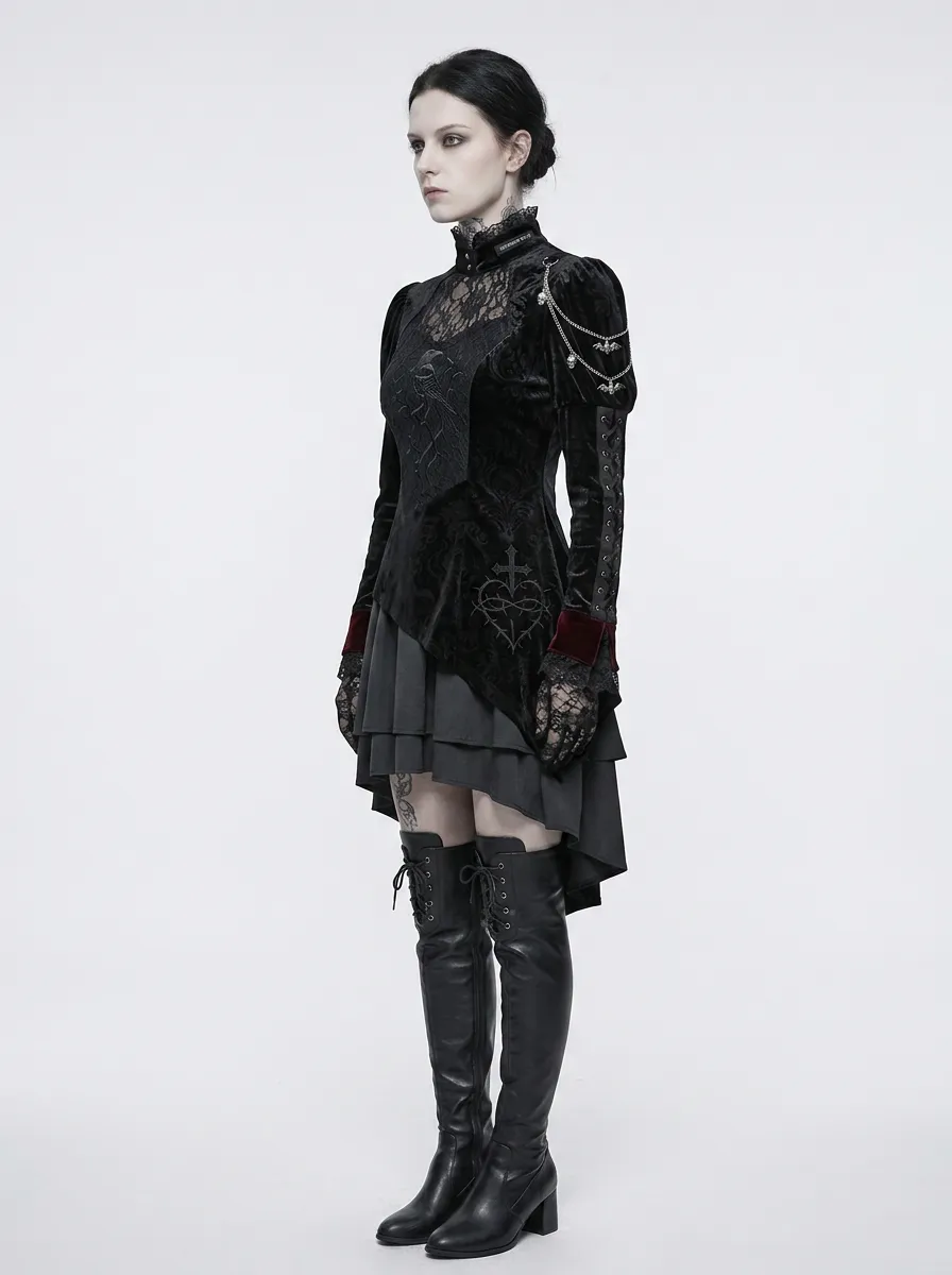 Women's Gothic Raven Cross Embroidered Velvet Printed Top