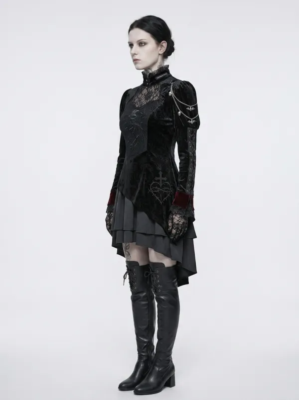 Women's Gothic Raven Cross Embroidered Velvet Printed Top