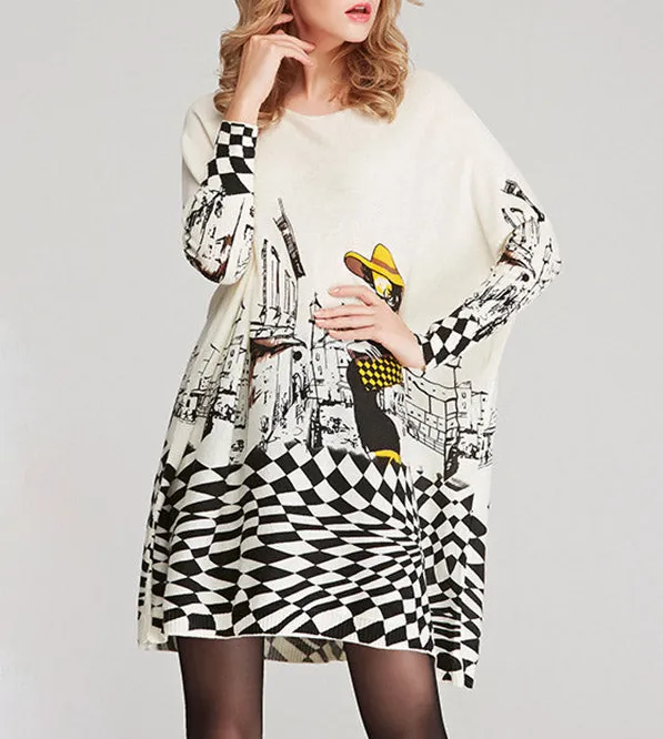 Vintage Relaxed Printed Split Joint Sweater Dress