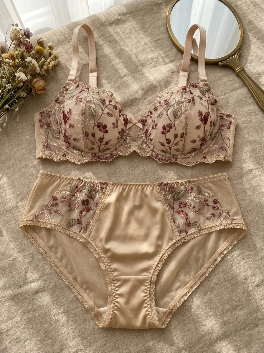 Women's Floral Embroidery Sheer Mesh Bow Detail Lingerie Set