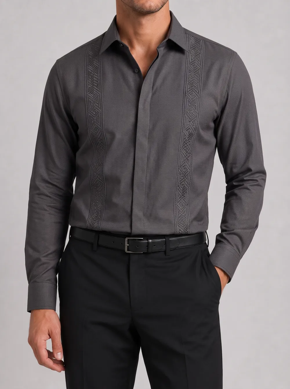 Men's Formal Casual Geometric Embroidered Pattern Long Sleeve Shirt
