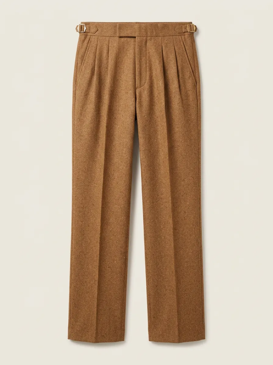 Men's Vintage Brown Wool Pleated Side-Buckle Trousers