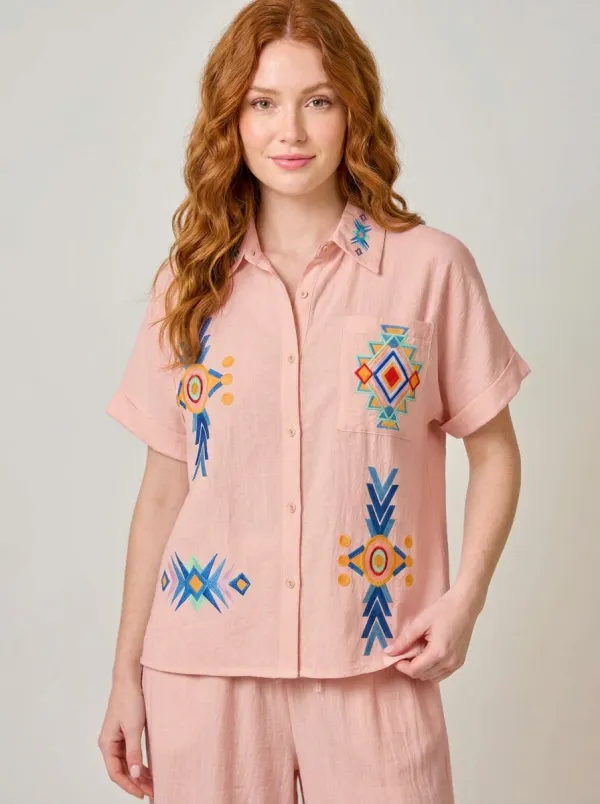 Women's Boho Geometric Pattern Embroidered Graphic Shirt