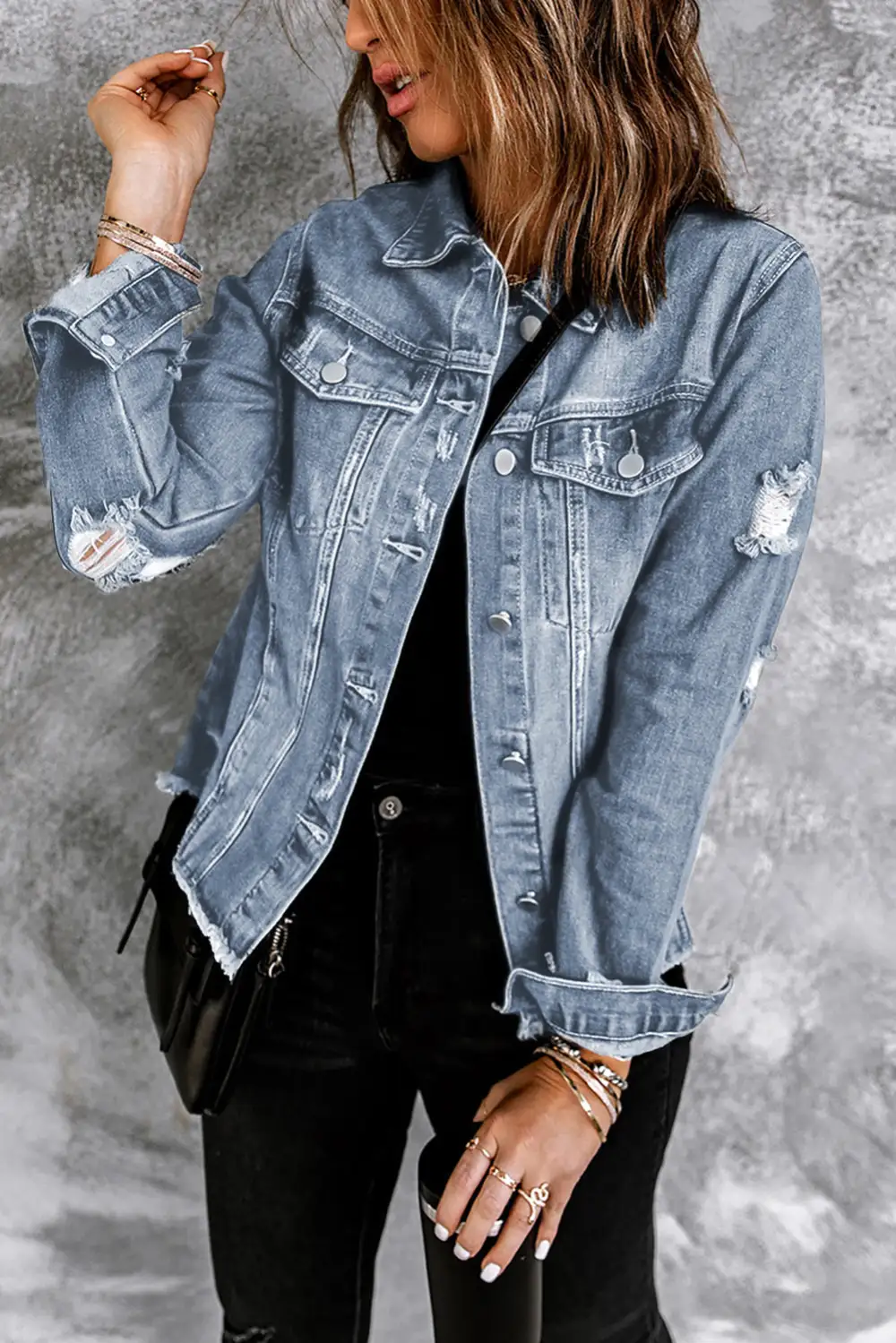 Women's Lapel Distressed Raw Hem Buttons Denim Jacket