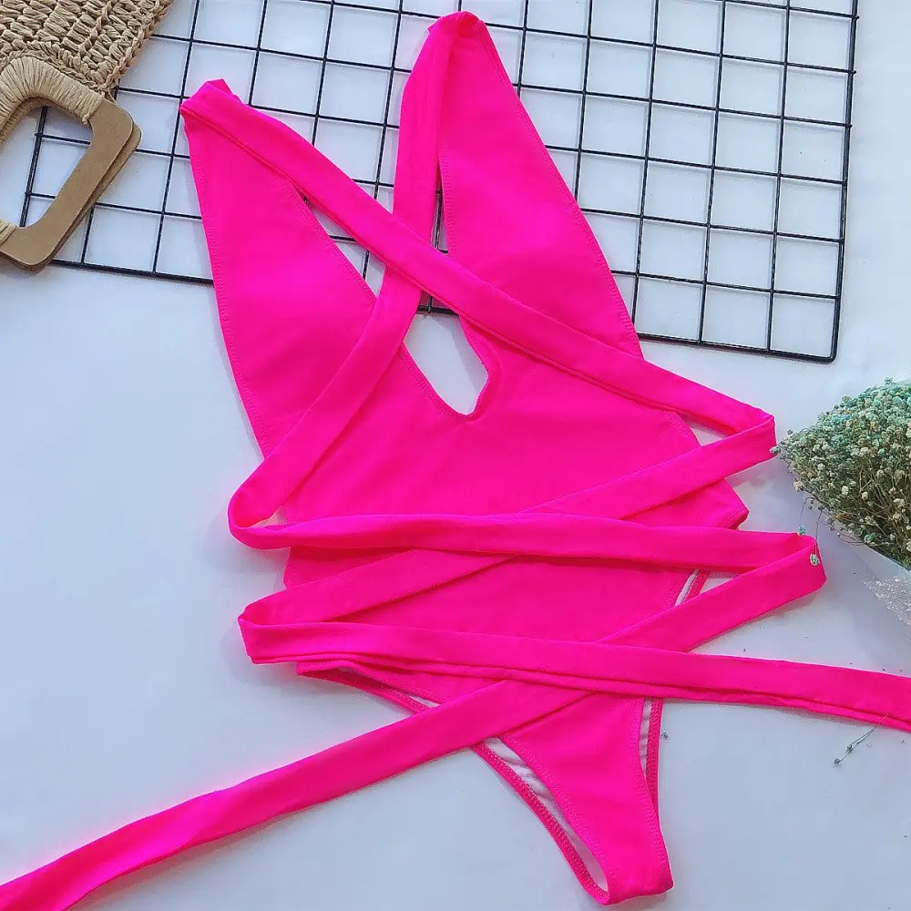 Halter Neck Deep V Tied One Swimsuit
