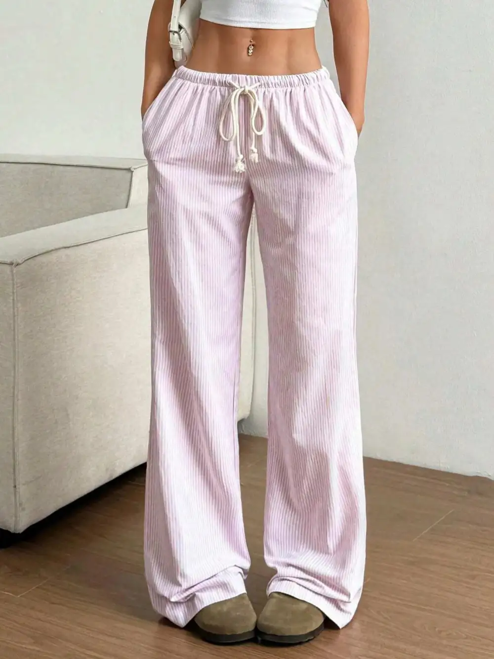 Drawstring Striped Wide Leg Pants
