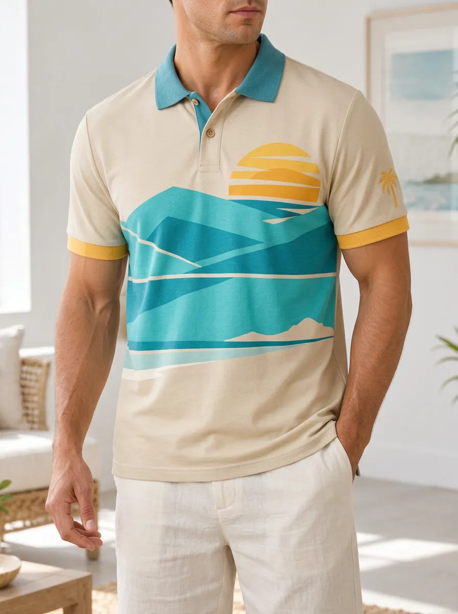 Men's Beach Vacation Sunset Mountain Printed Polo Shirt
