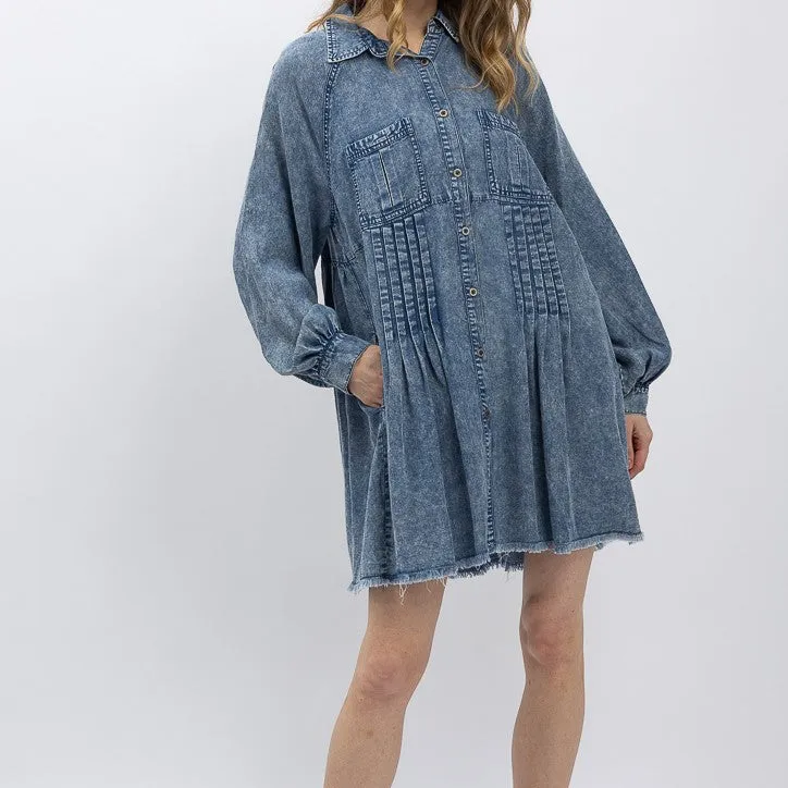 Denim Velvet Detail Balloon Sleeve Babydoll Dress