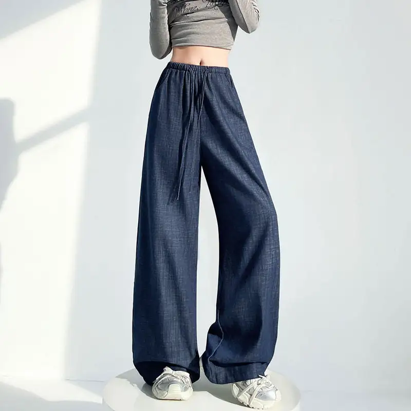 Comfort Drawstring Waist Denim Wide Leg Pants