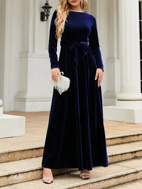 Pleated Wrap Belted Long Neck Maxi Dress