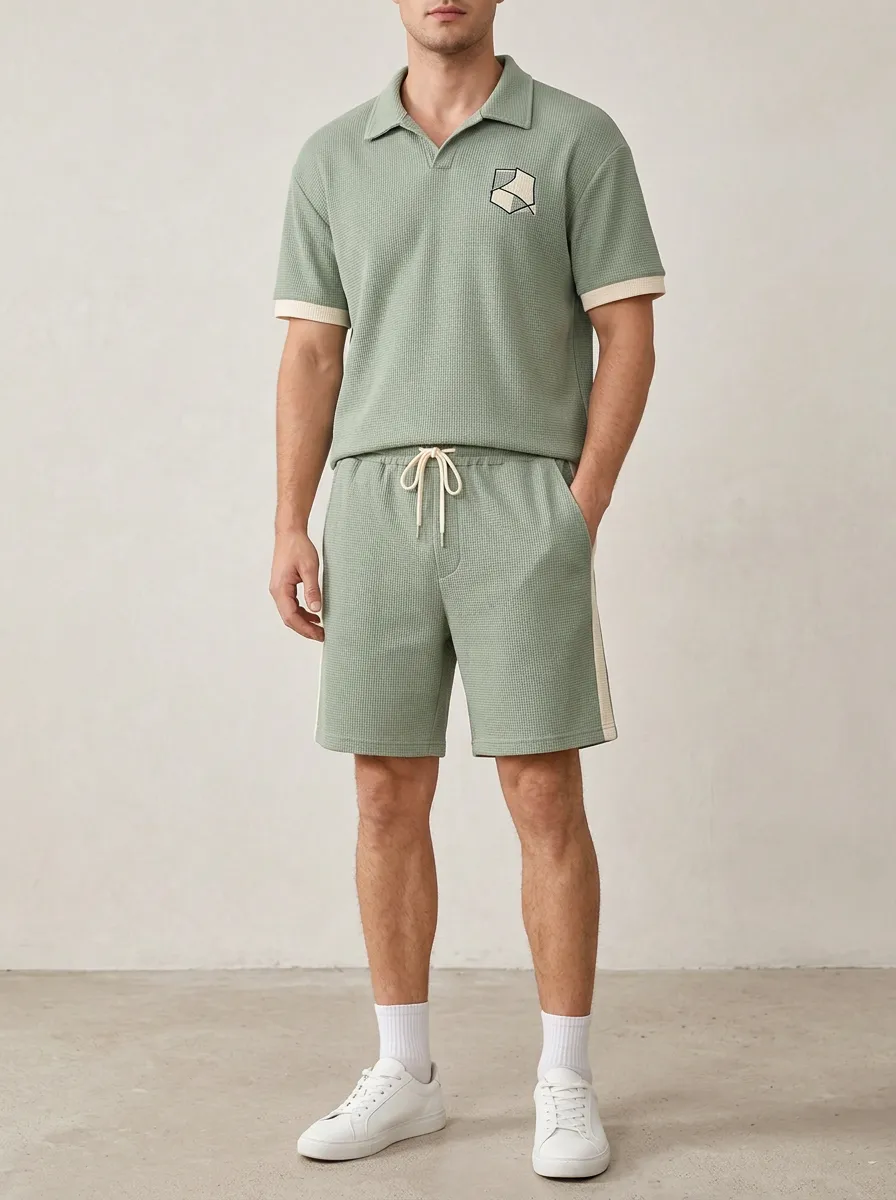 Men's Geometric Cube Sage Waffle Knit Printed Polo Shirt
