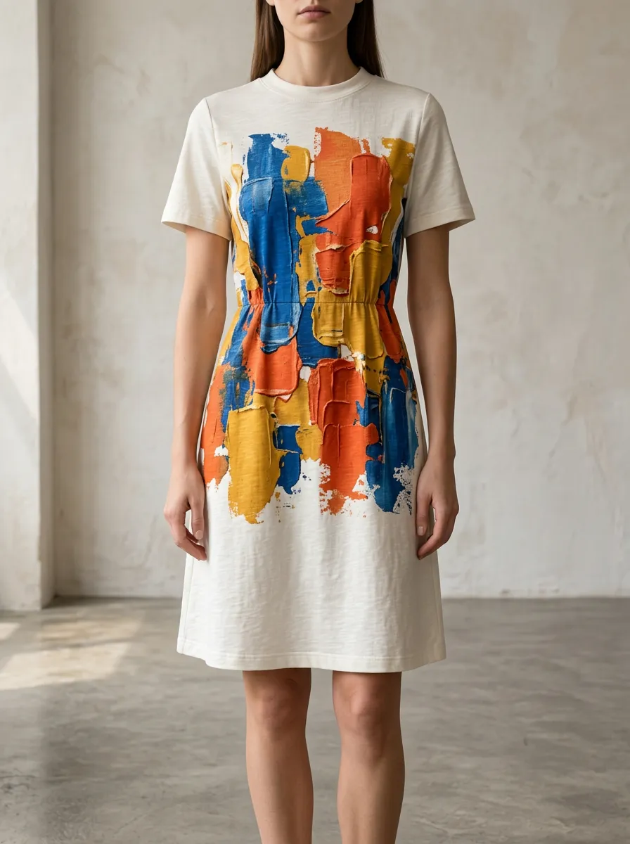 Women's Short Sleeve Abstract Print Crew Neck Dress