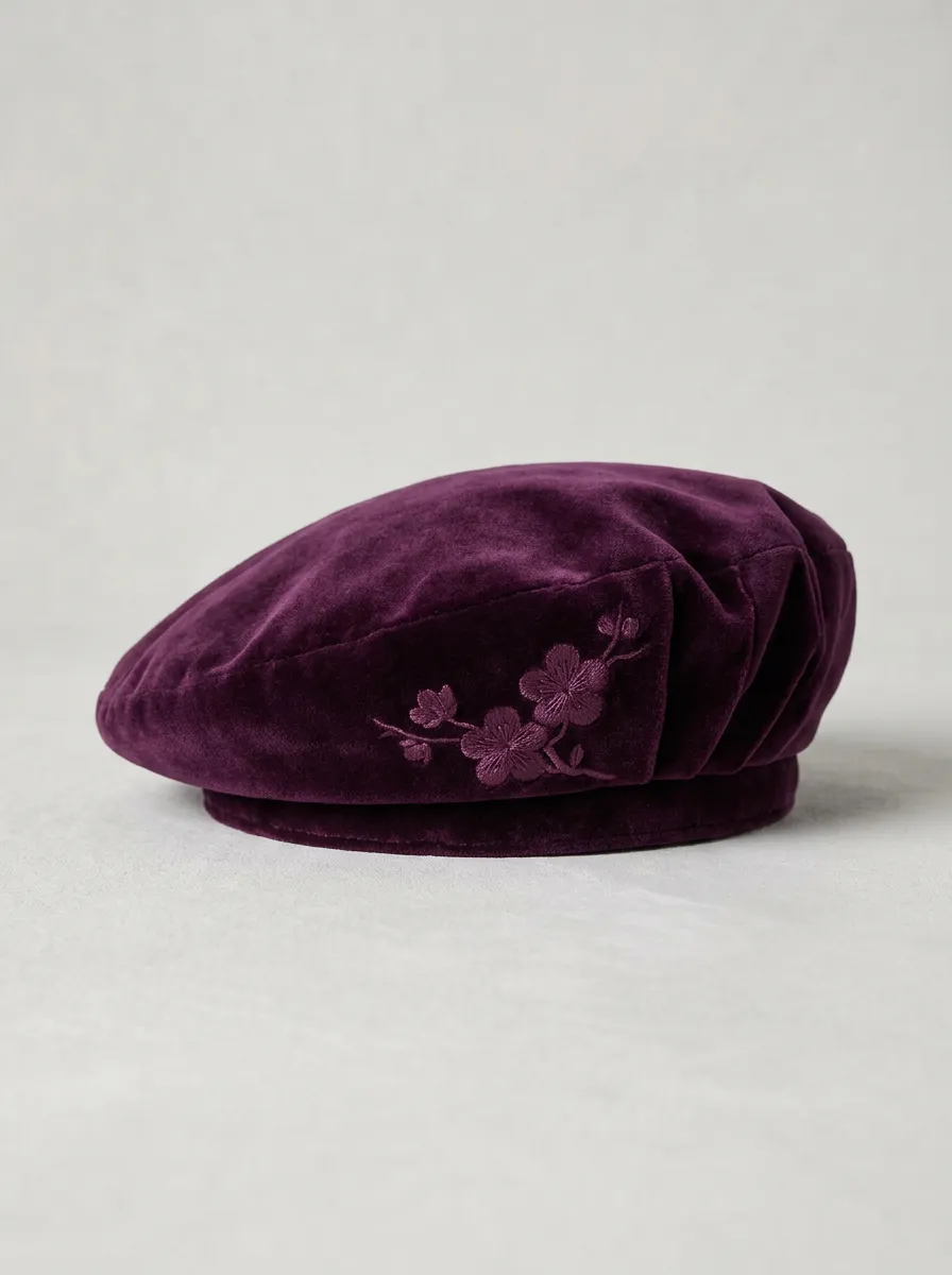 Unisex Floral Lover Purple Velvet Embroidered Beret