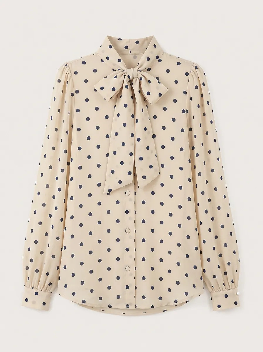 Women's Vintage Polka Dot Bow Tie Printed Blouse with Button Down