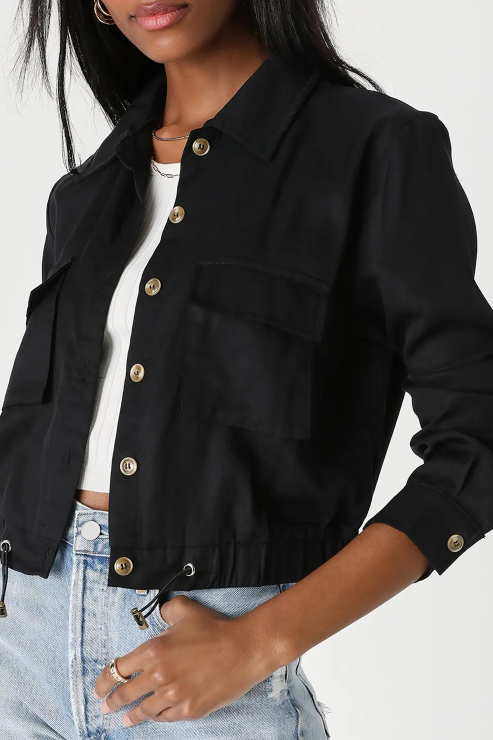 Casual Style Black Cropped Utility Jacket